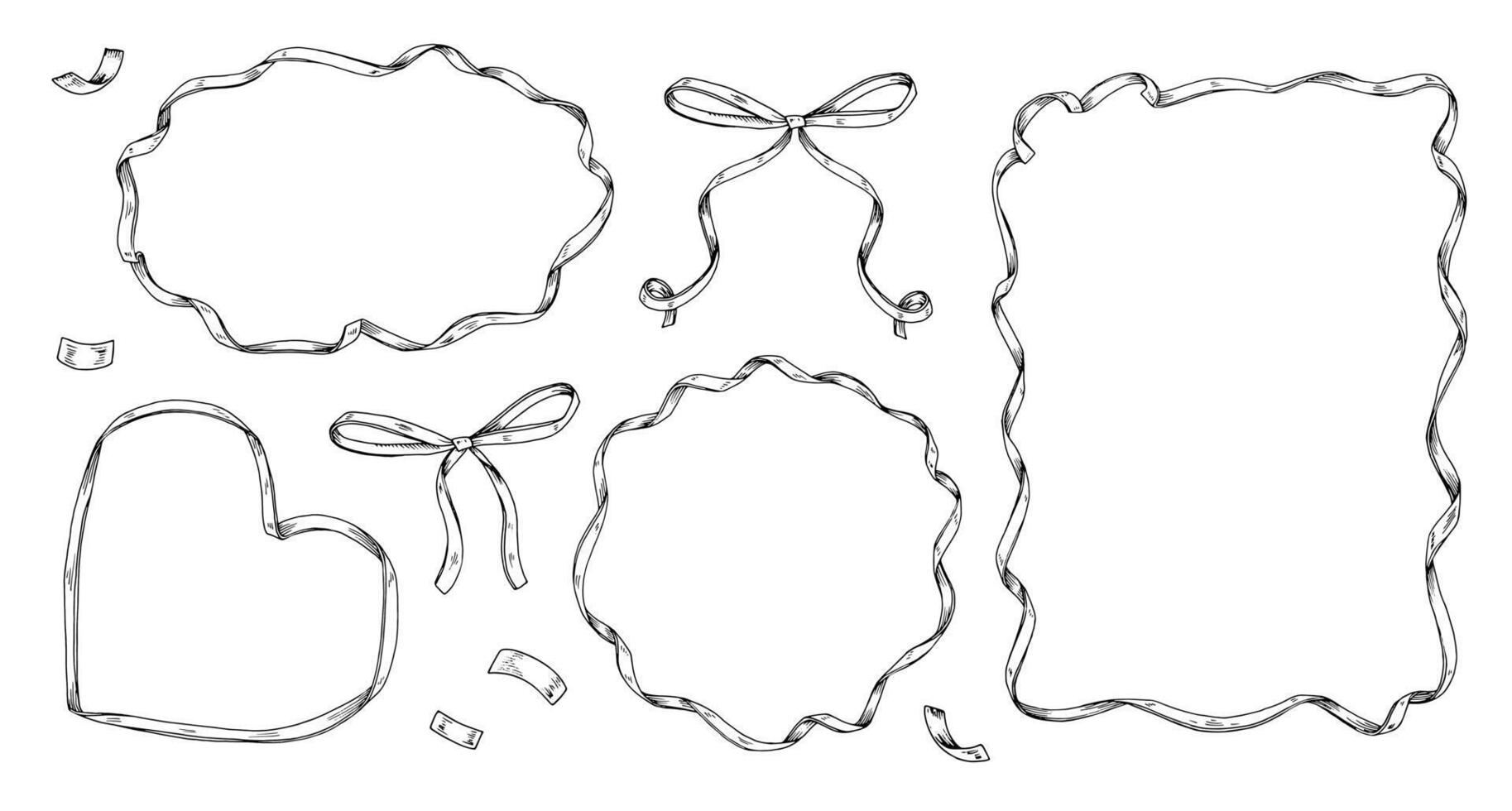 A vintage set of hand drawn ribbon and bow frames in various shapes. Perfect for invitations, cards, or gift tags. The black and white art provides customizable copy space for your messages vector