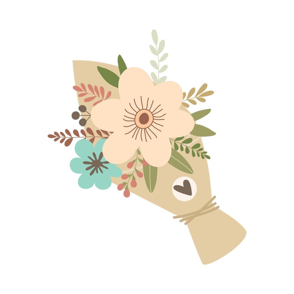 Hand drawn bouquet with flowers and leaves isolated on white background vector