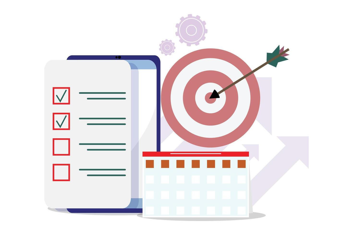 Target and arrow with checklist on cellphone and calendar, arrows and engine units for growth concept vector