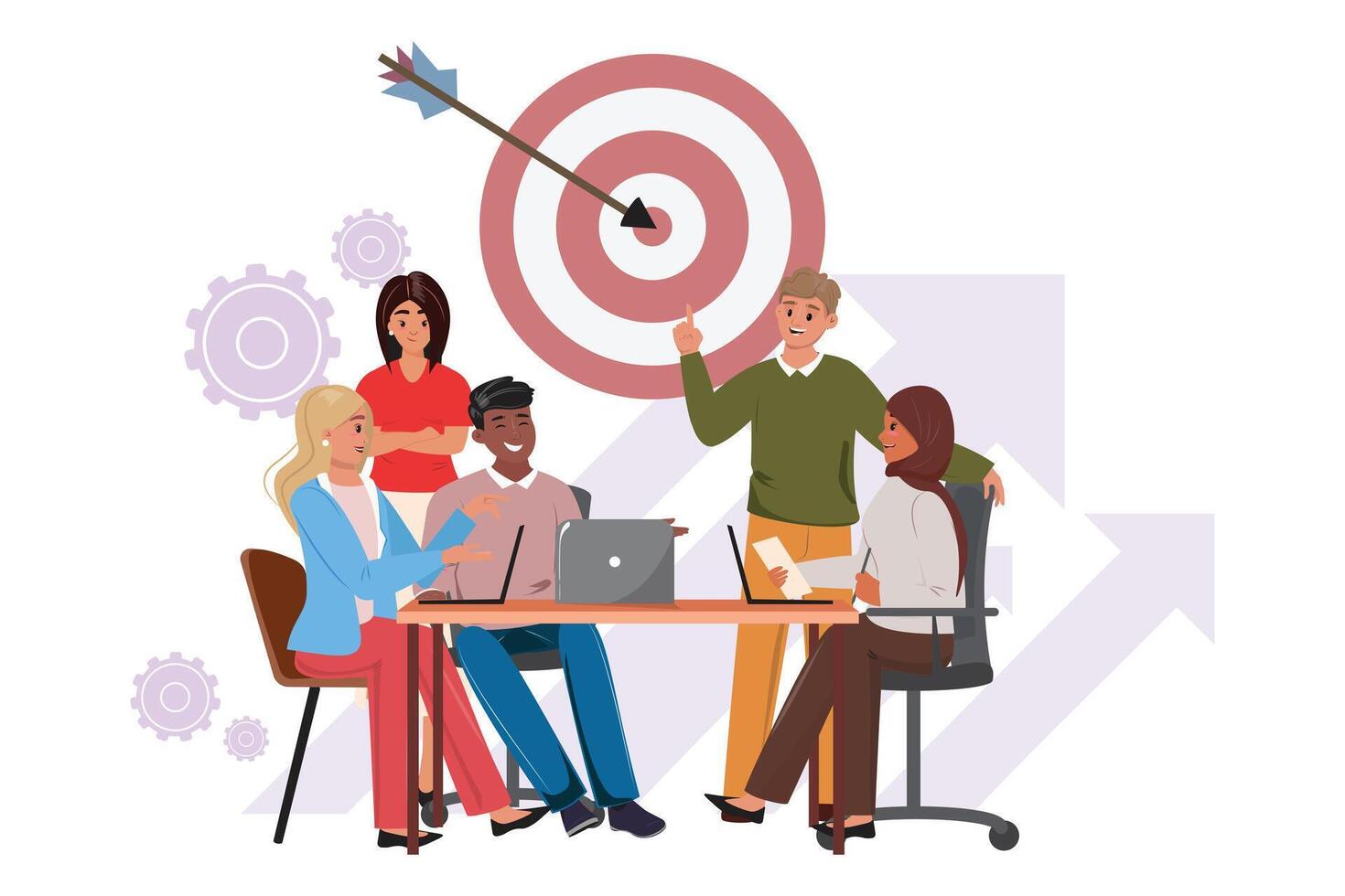 Group of professionals working toward a mutual goal with laptops, growth arrows, and target symbol in background vector