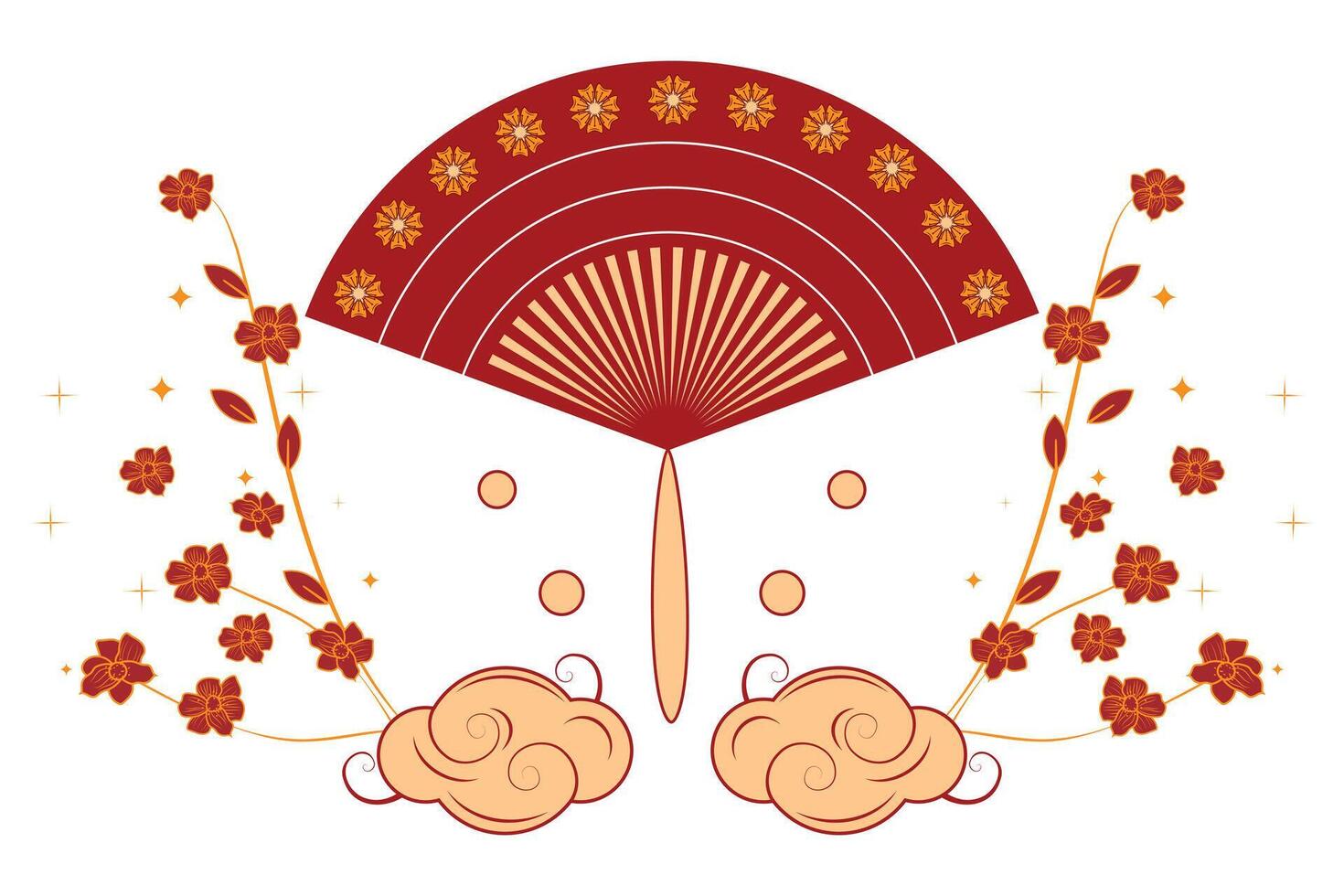 Traditional Chinese red hand fan adorned with flowers, sparkles, and clouds in delicate outline style vector