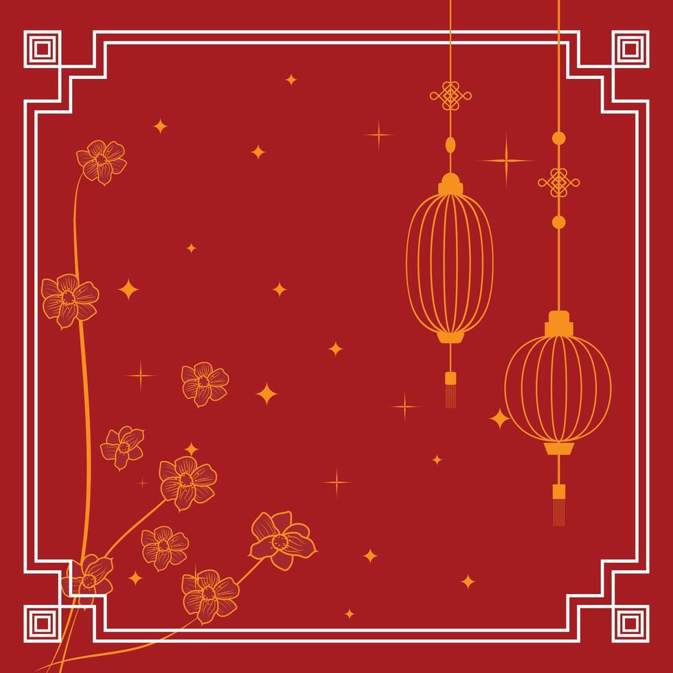 Square Chinese style template with white frame, red background, lanterns, flowers, and gold sparkles for New Year design vector