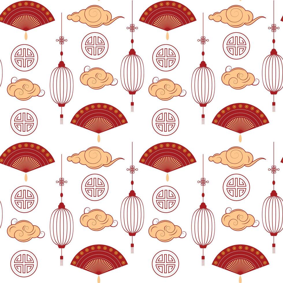 Elegant Chinese-style seamless pattern featuring fans, round motifs, and clouds on a white backdrop vector