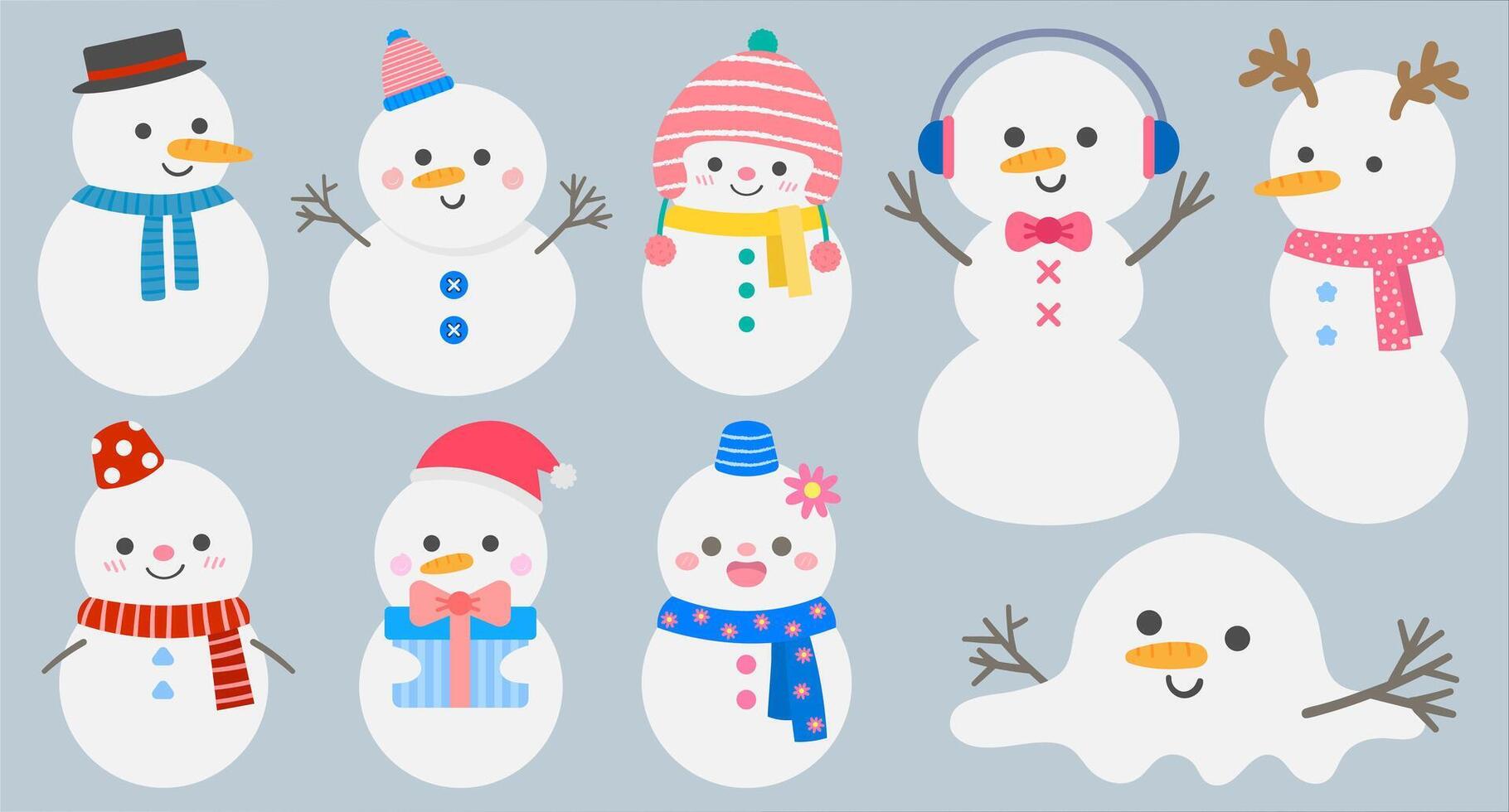 Cute Hand Drawn Winter SnowMan Characters vector