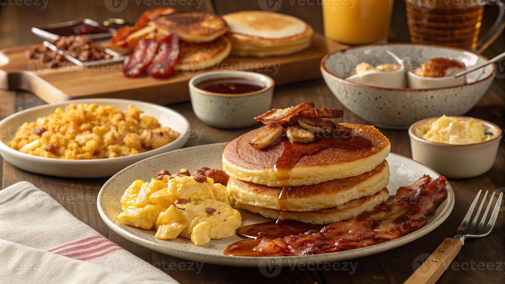 Hearty breakfast spread with pancakes classic American breakfast with pancakes bacon photo