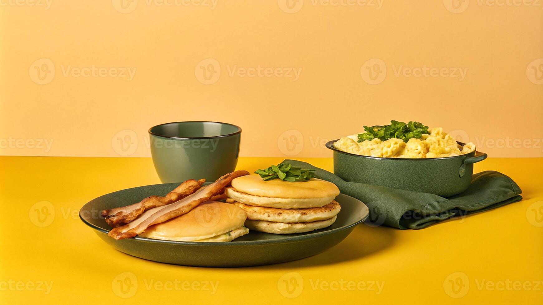 Hearty breakfast spread with pancakes classic American breakfast with pancakes bacon photo