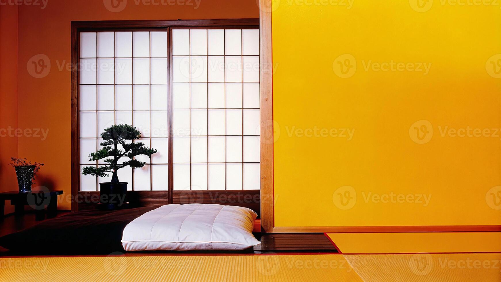 Japanese inspired bedroom with a low platform bed and simple decor photo