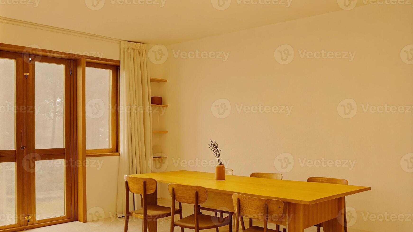 Scandinavian style dining room with wooden furniture and natural light photo