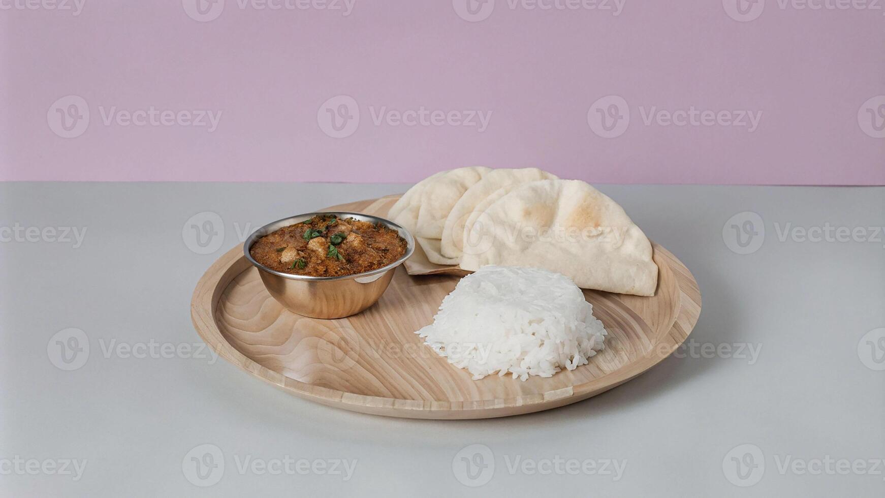 traditional indian curry with naan bread and rice photo