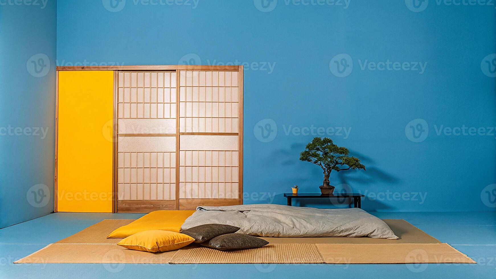 Japanese inspired bedroom with a low platform bed and simple decor photo