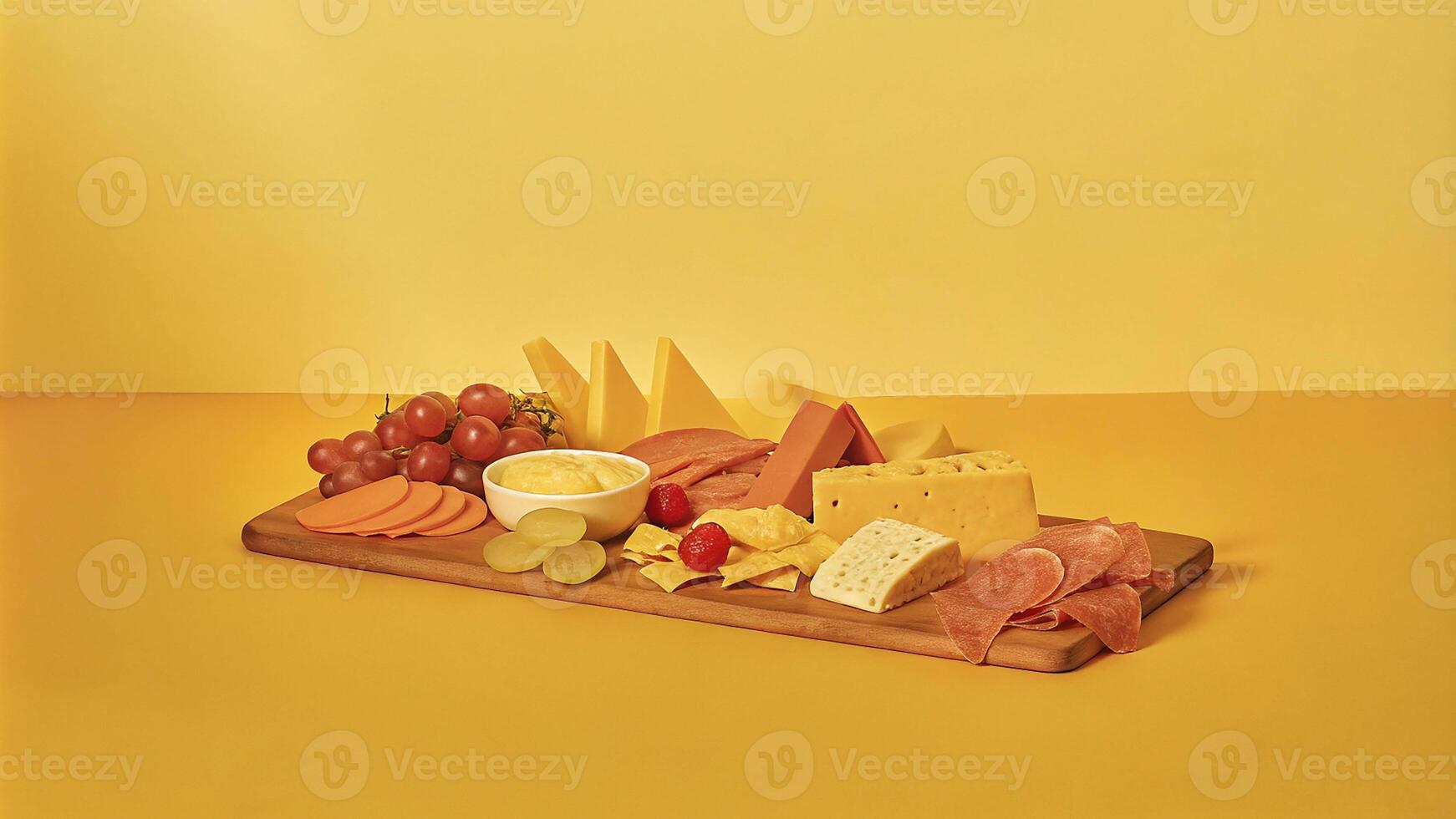 Elegant charcuterie board with cheeses, fruits, and cured meats photo