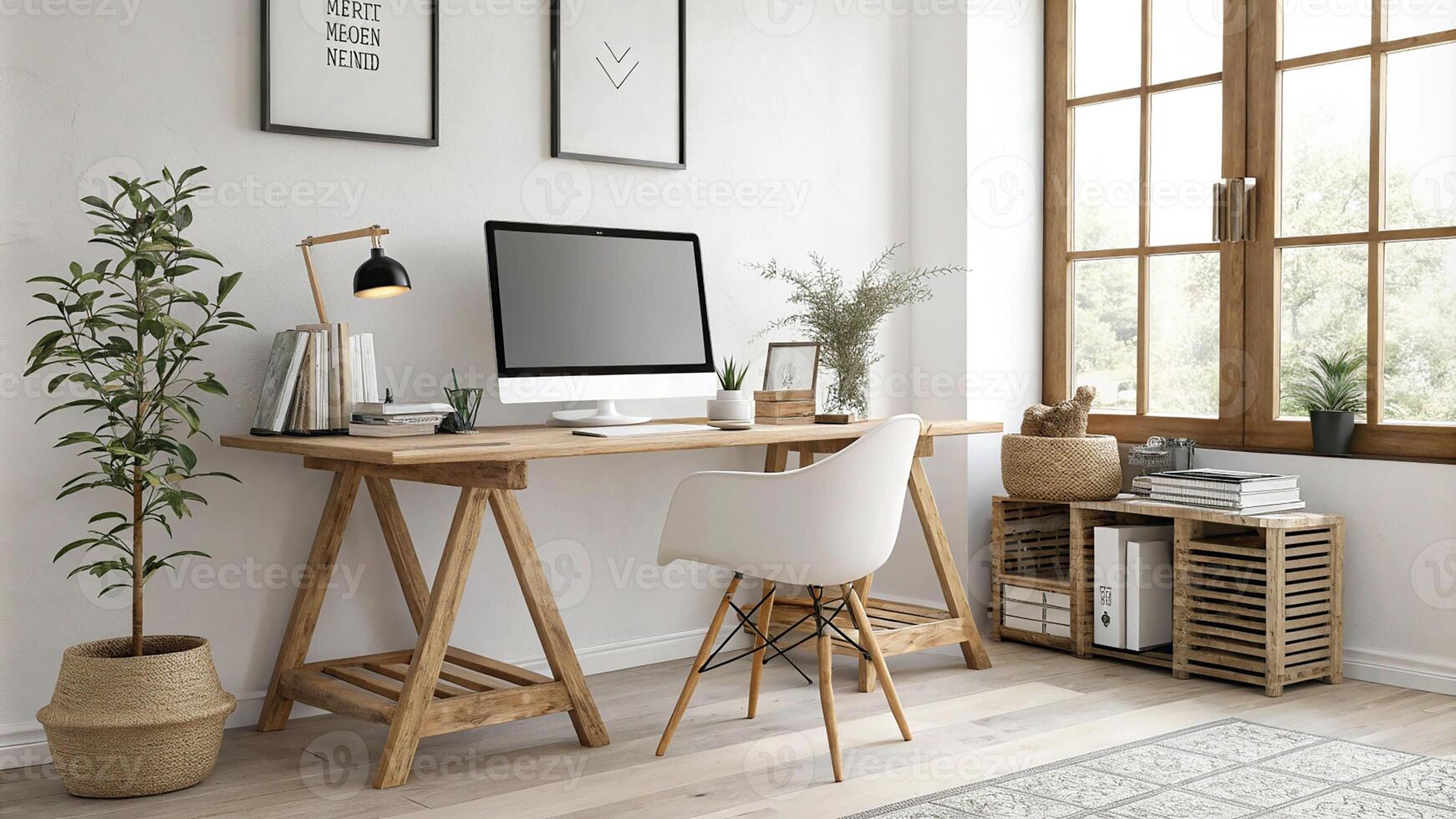 Modern office workspace with stylish furniture and natural light Mockup frame empty copy space. photo