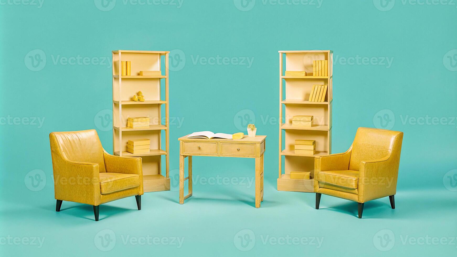 Vintage inspired study with leather chairs and wooden shelves photo