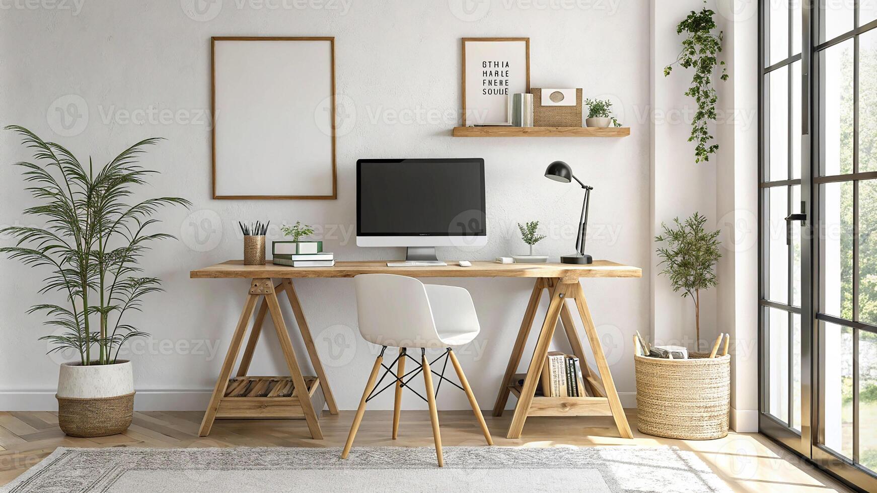 Modern office workspace with stylish furniture and natural light Mockup frame empty copy space. photo