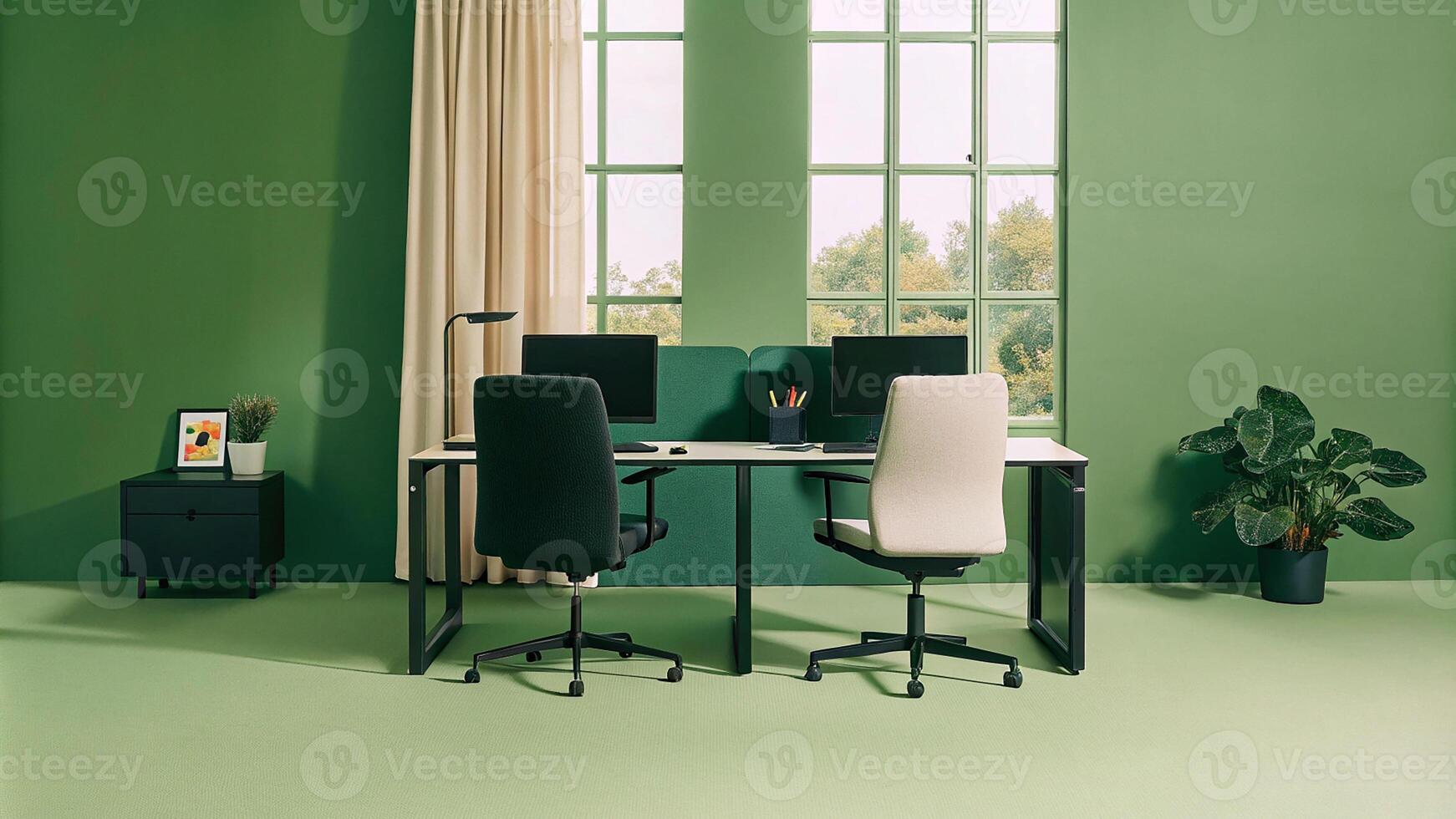 Modern office workspace with stylish furniture and natural light Mockup frame empty copy space. photo