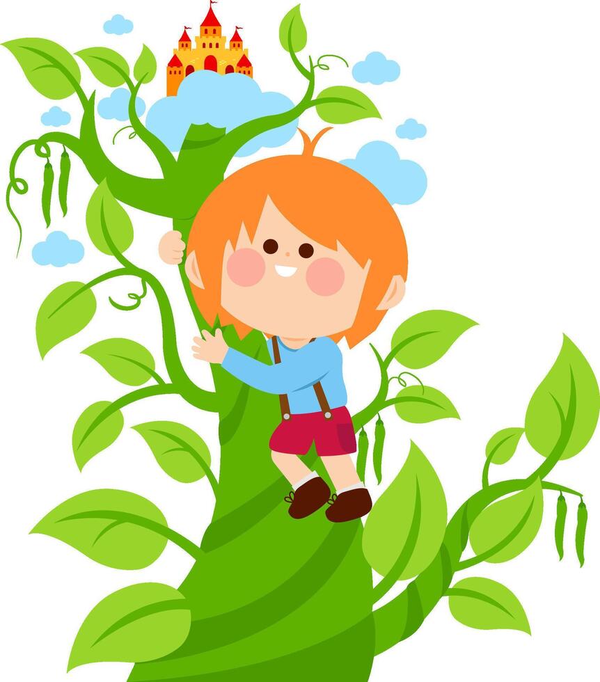 Jack climbing on the magic beanstalk. Castle in the clouds on a magical beanstalk tree plant growing and little Jack boy climbing it. Fairy tale for children. vector