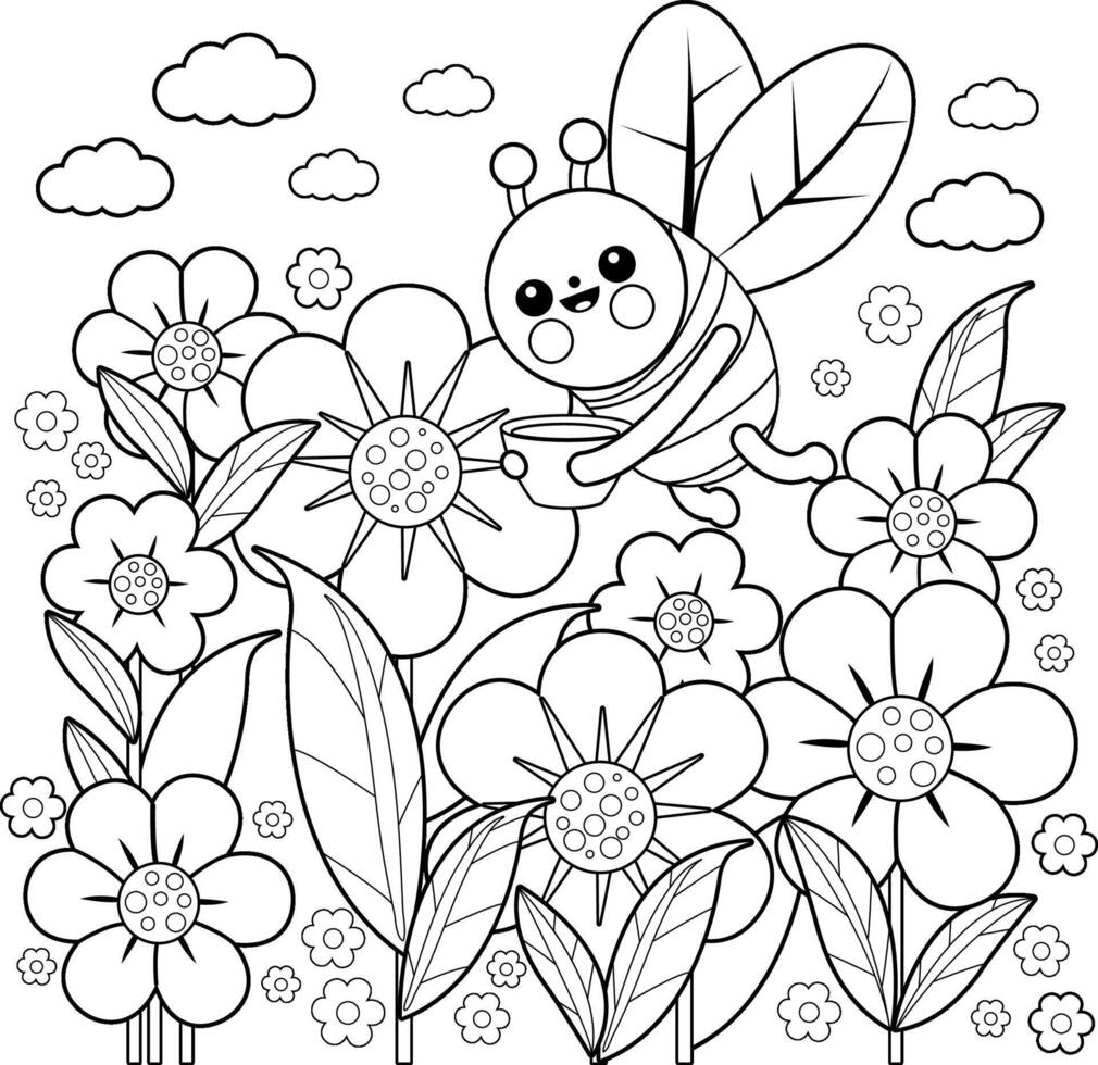 Bee with honey pot flying around flowers. Cute working bee bug cartoon in the garden carrying a jar of honey. Black and white coloring page. vector
