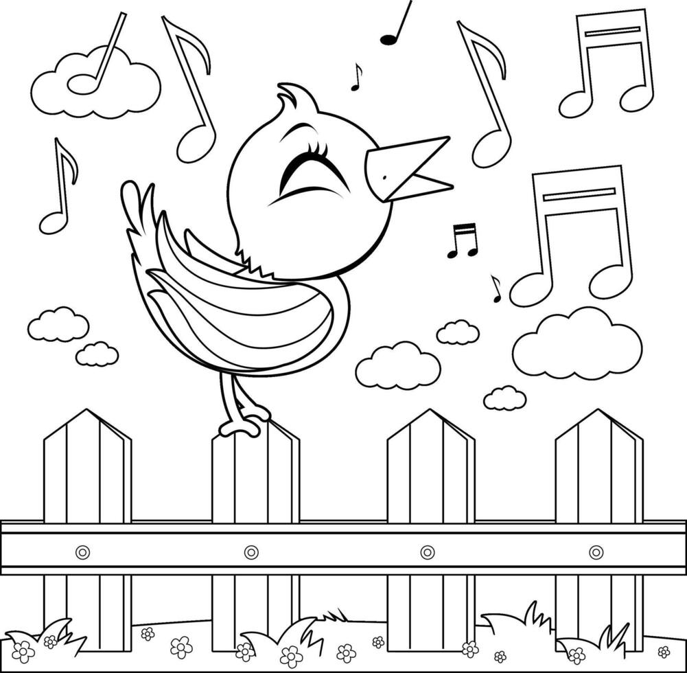 Cute bird singing on a wooden fence. Beautiful bird on a fence in the country farm. Isolated on white background. Black and white coloring page. vector