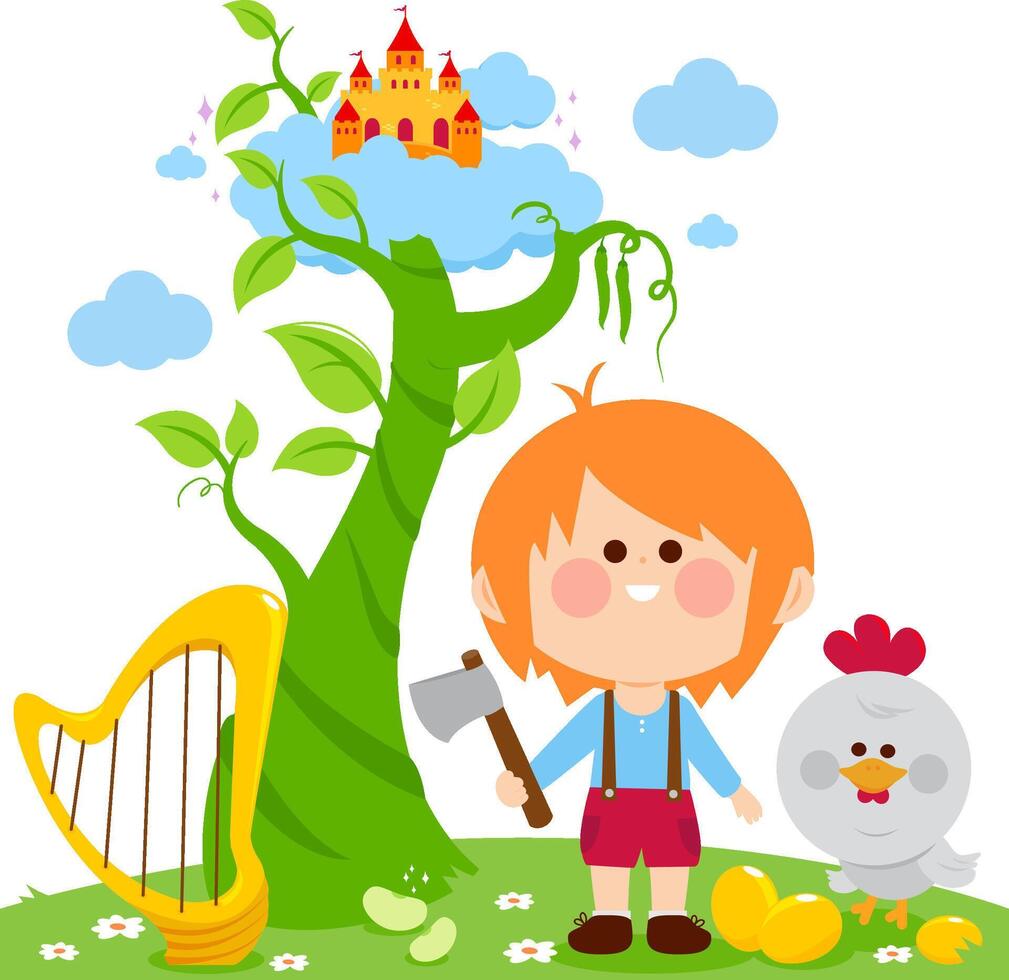 Jack and the magic beanstalk fairy tale for children, the golden harp and the chicken laying the golden eggs. Tower in the clouds on a magical beanstalk tree plant growing and Jack boy with axe. vector