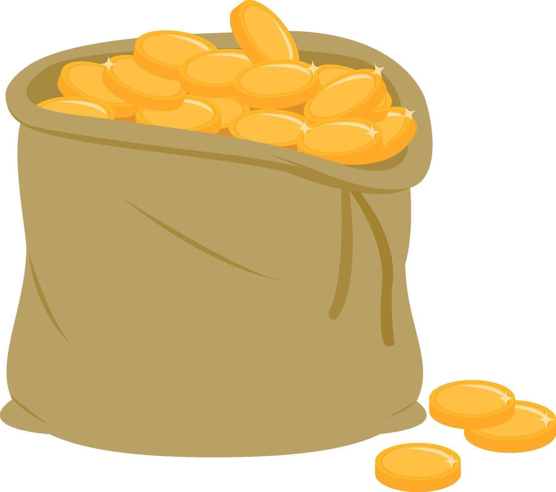 Old bag with shiny gold coins isolated on white background. Burlap sack full of gold coins. Gold money earning, treasure prize. vector