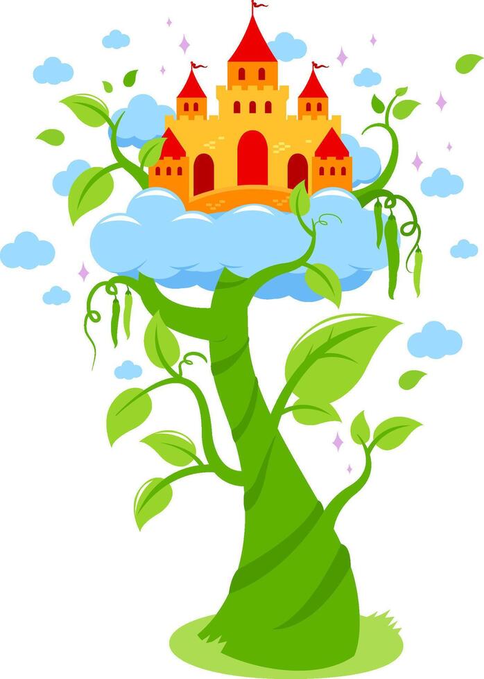 Jack and the beanstalk. Magic beanstalk and castle. Tower in the clouds on a magical beanstalk tree plant growing. Fairytale for children. vector