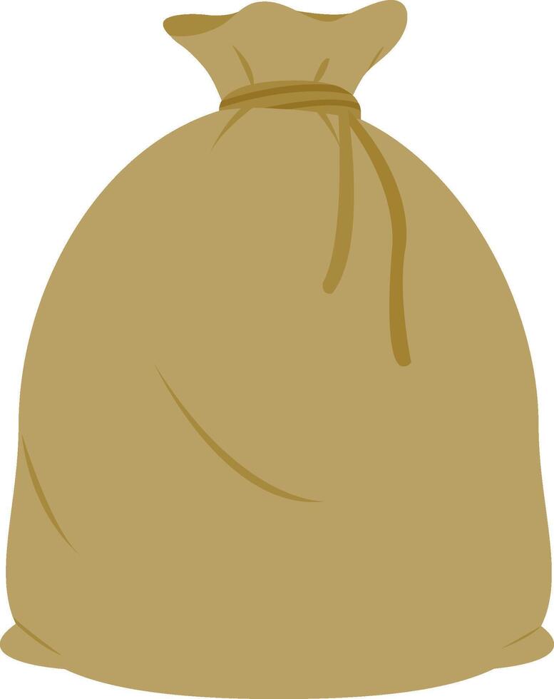 Knotted full pouch. Full burlap canvas sack tied with rope. Old cloth bag filled with farm product, rice, flour or grain. vector