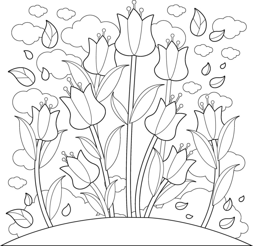 Meadow with tulip flowers. Beautiful garden background with tulip flowers, grass and clear sky. Black and white coloring page. vector
