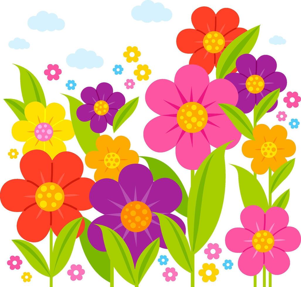 Colorful flowers in springtime. Bright blossoming flowers and green leaves on a white background. Floral background. vector