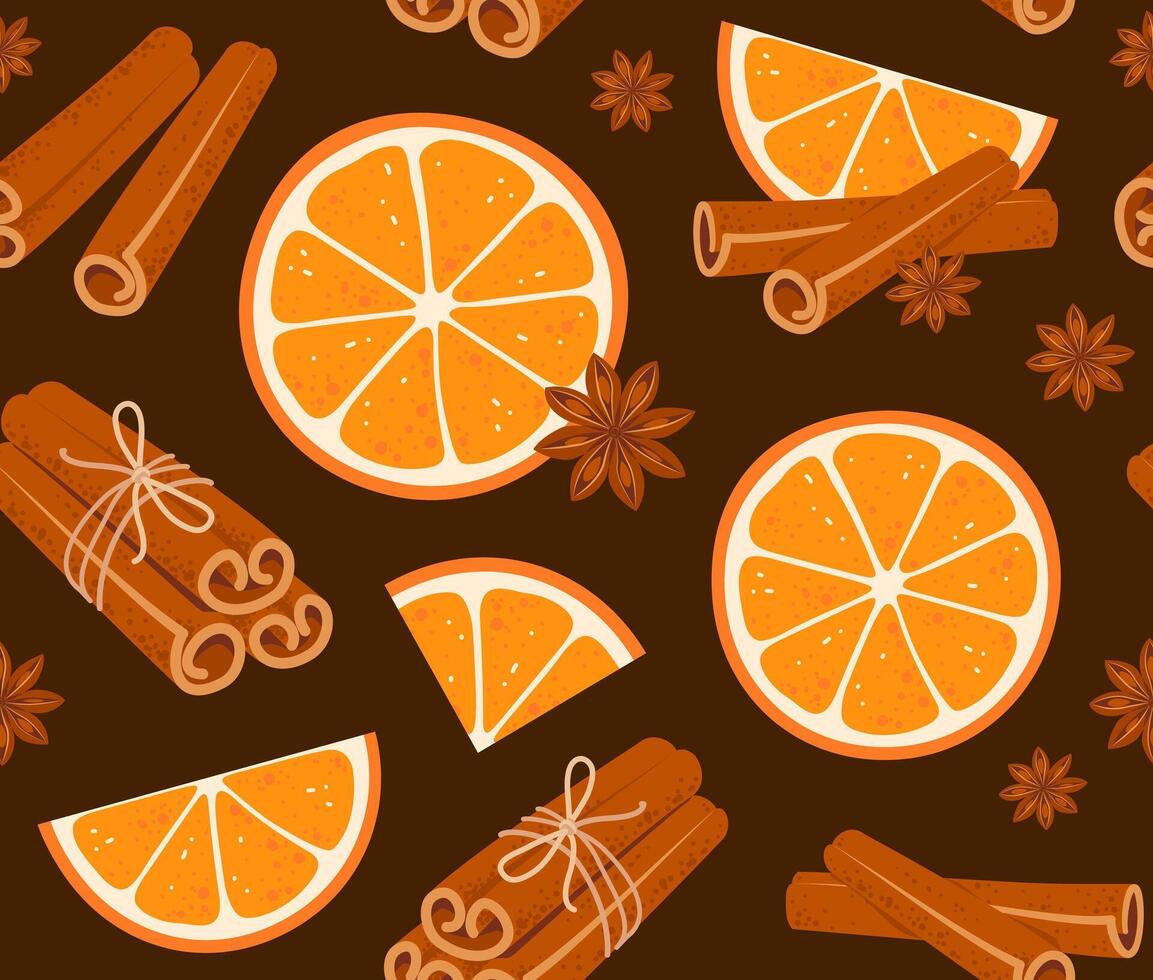 Seamless pattern with orange slices, cinnamon sticks tied with jute rope on brown background vector