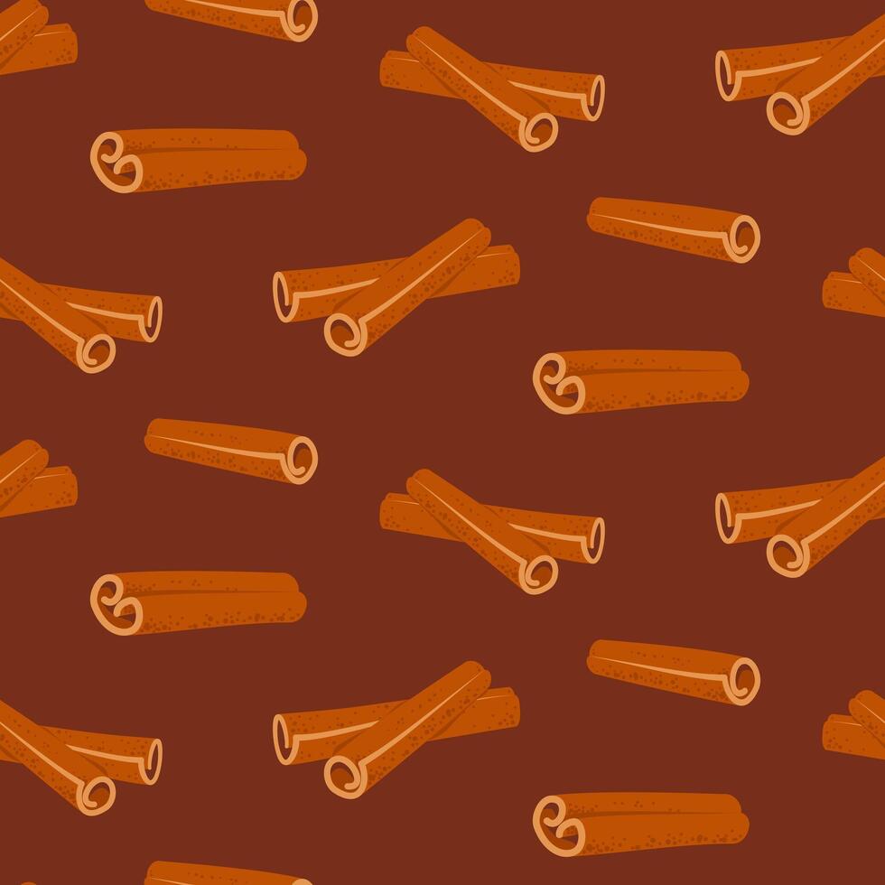 Seamless pattern with cinnamon sticks on brown background. Seasonal background texture idea vector