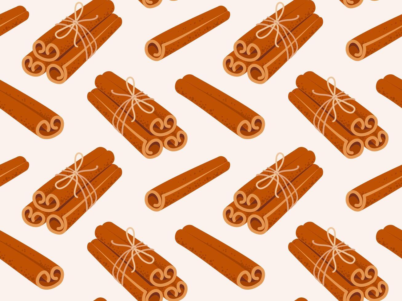 Seamless pattern with bunch of cinnamon sticks tied with jute rope. Seasonal background texture idea vector