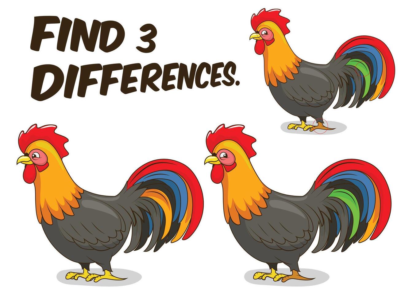 Find differences game rooster cartoon colorful illustration vector