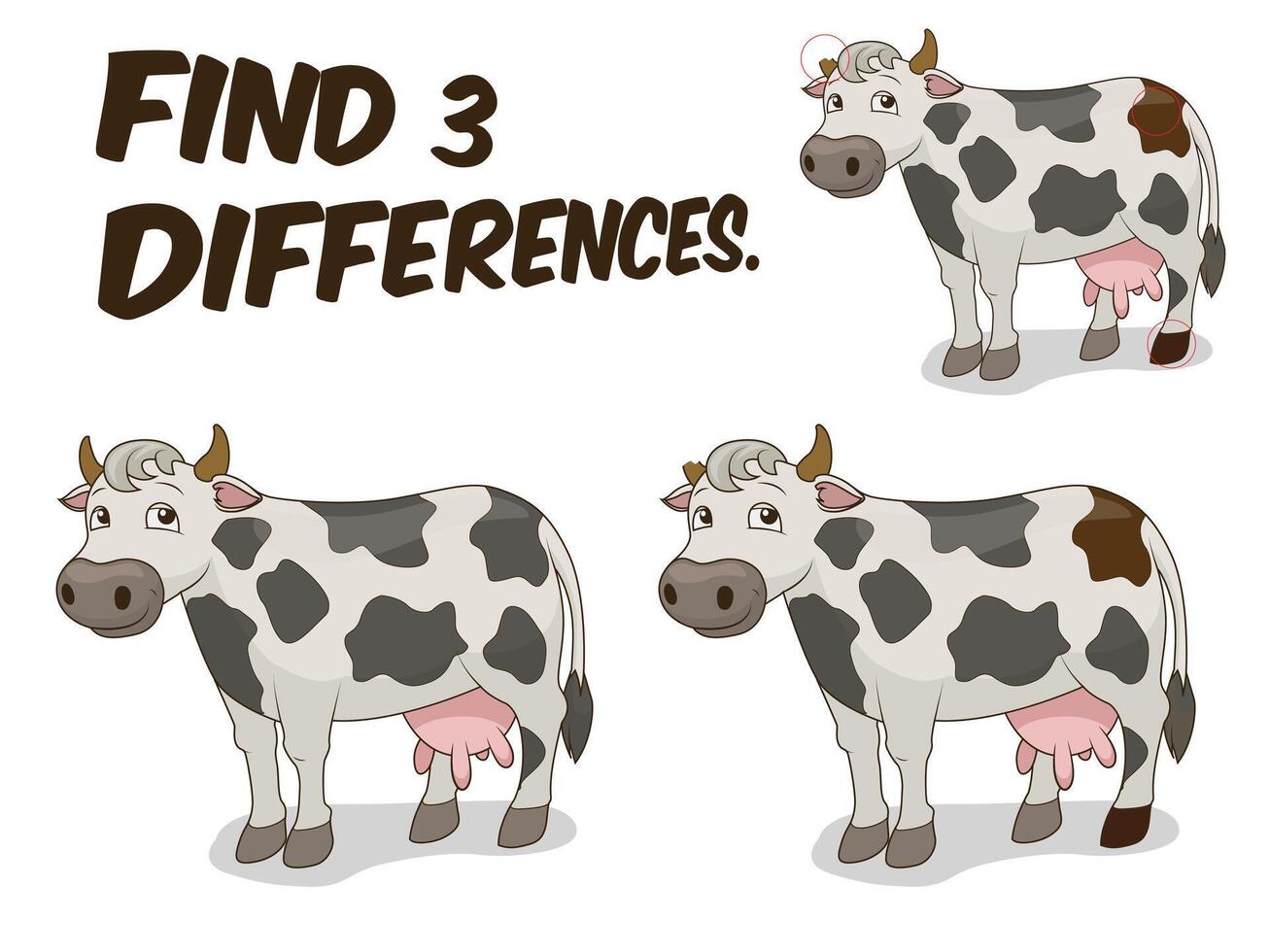 Find differences game cow cartoon colorful illustration vector