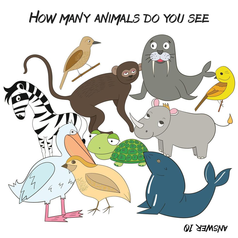 Educational game for children how many animals do you see hand drawn cartoon doodle illustration vector