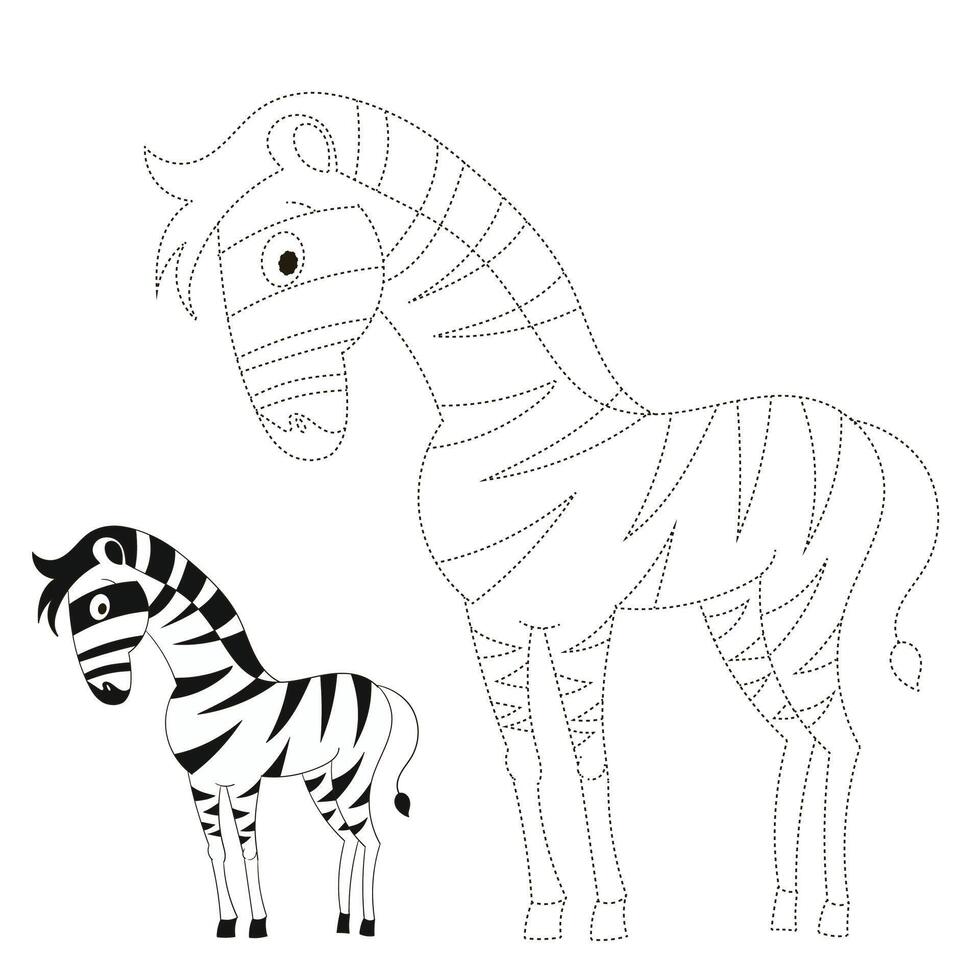 Connect the dots game zebra cartoon doodle hand drawn illustration vector