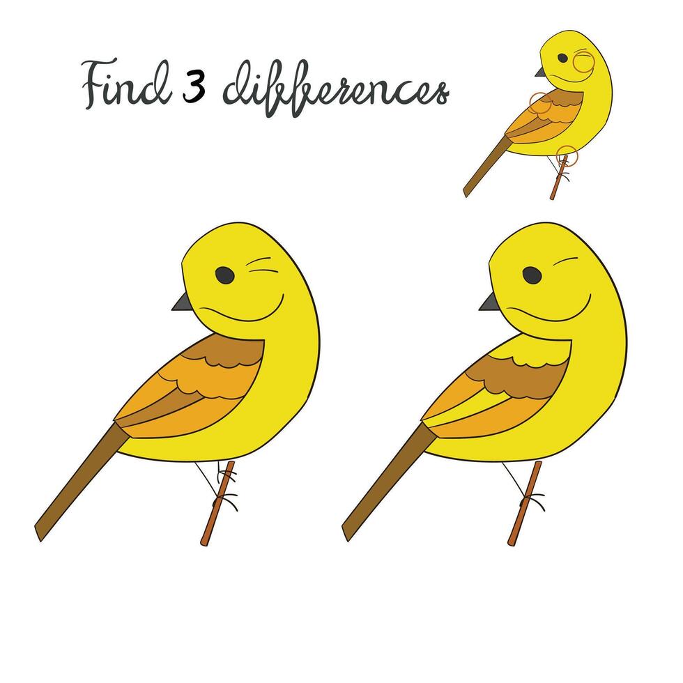 Find differences kids layout for game yellowhammer bird cartoon doodle hand drawn illustration vector