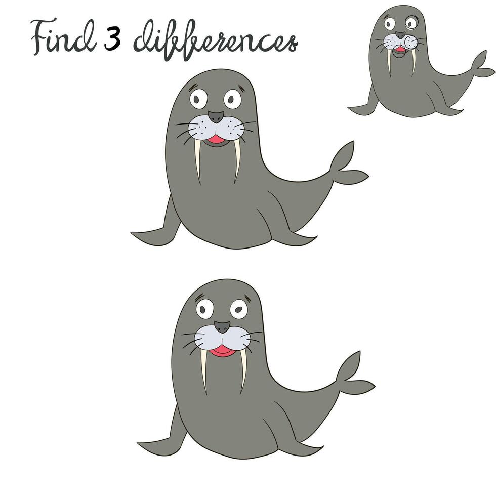 Find differences kids layout for game seal doodle hand drawn cartoon illustration vector
