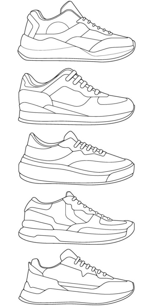 set of outline Cool Sneakers. Modern shoes sneaker outline drawing, Sneakers drawn in a sketch style, sneaker trainers template outline, Set Collection. Illustration. vector