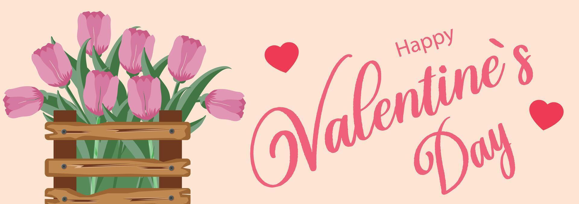 Valentines Day greeting card with pink tulips in basket and romantic hearts on a soft pastel background. Trendy Valentines Day greeting card. Festive banner, sale poster, social media or template vector