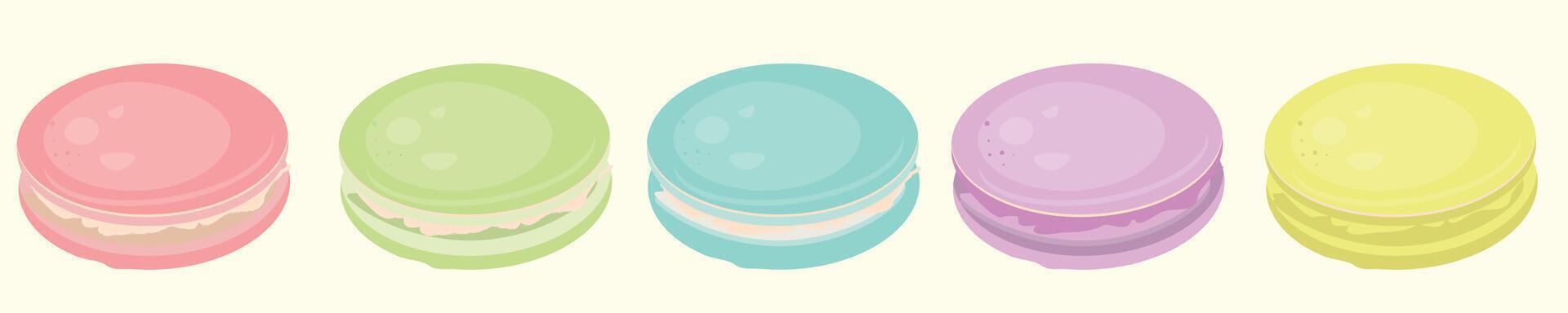 Colorful pastel macarons in pink, green, blue, purple, and yellow shades on a light background. Traditional French almond macarons cookies in different colors in cute cartoon style. vector