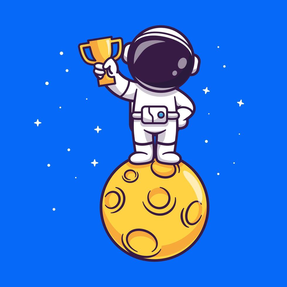 Cute Astronaut Holding Trophy On The Moon In Space Cartoon vector