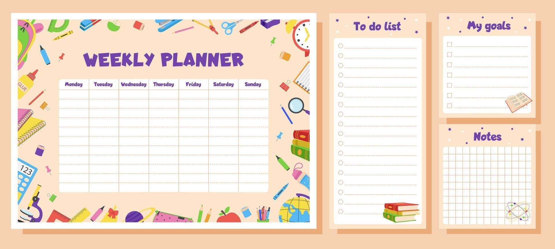 Weekly planner, to do list, notes, goals for children. School timetable, lesson schedule and organizer template with school supplies. vector