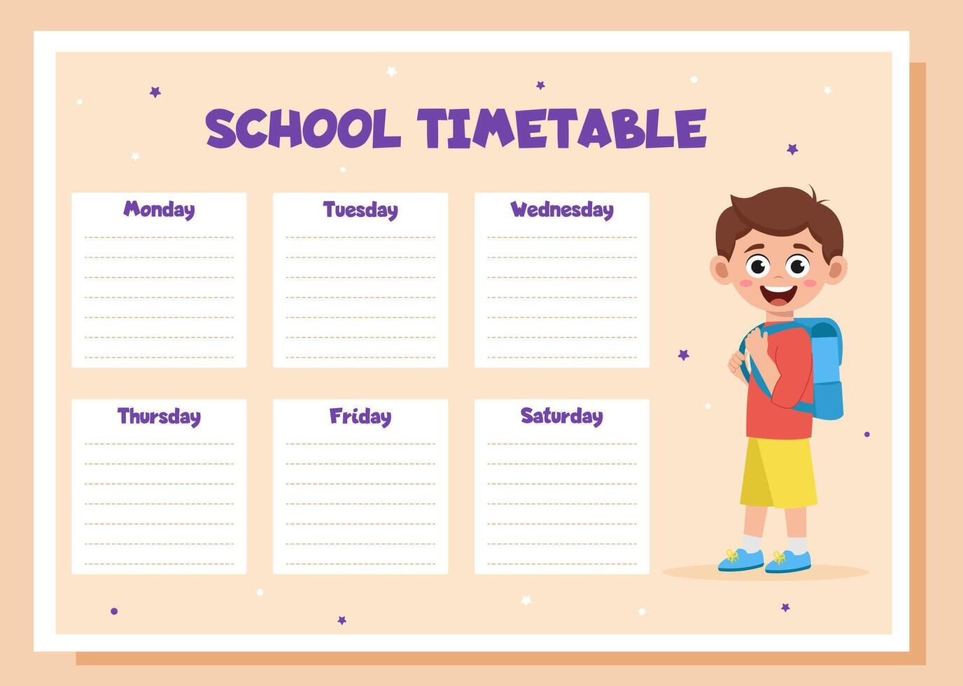 Lesson schedule. School timetable with schoolboy. vector