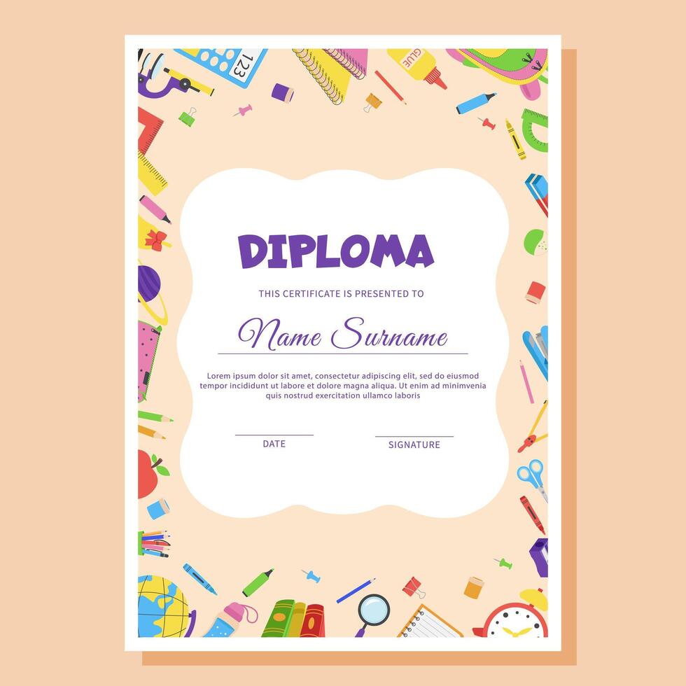 School diploma, certificate template with school supplies. vector