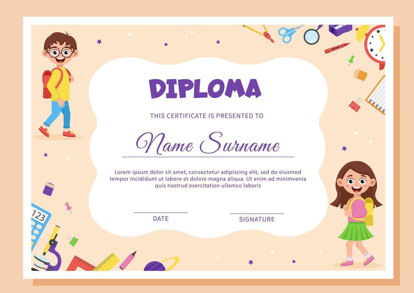 Diploma template with school supplies and schoolchildren. School certificate. vector