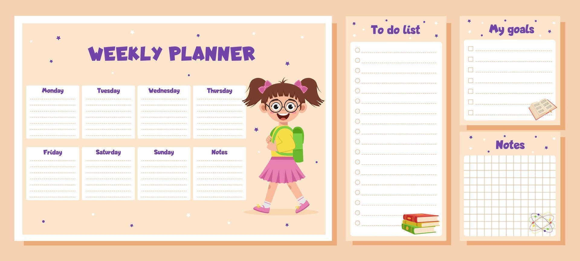 Set of weekly planner, to do list, notes and goals for children. School timetable with school supplies and schoolgirl. vector