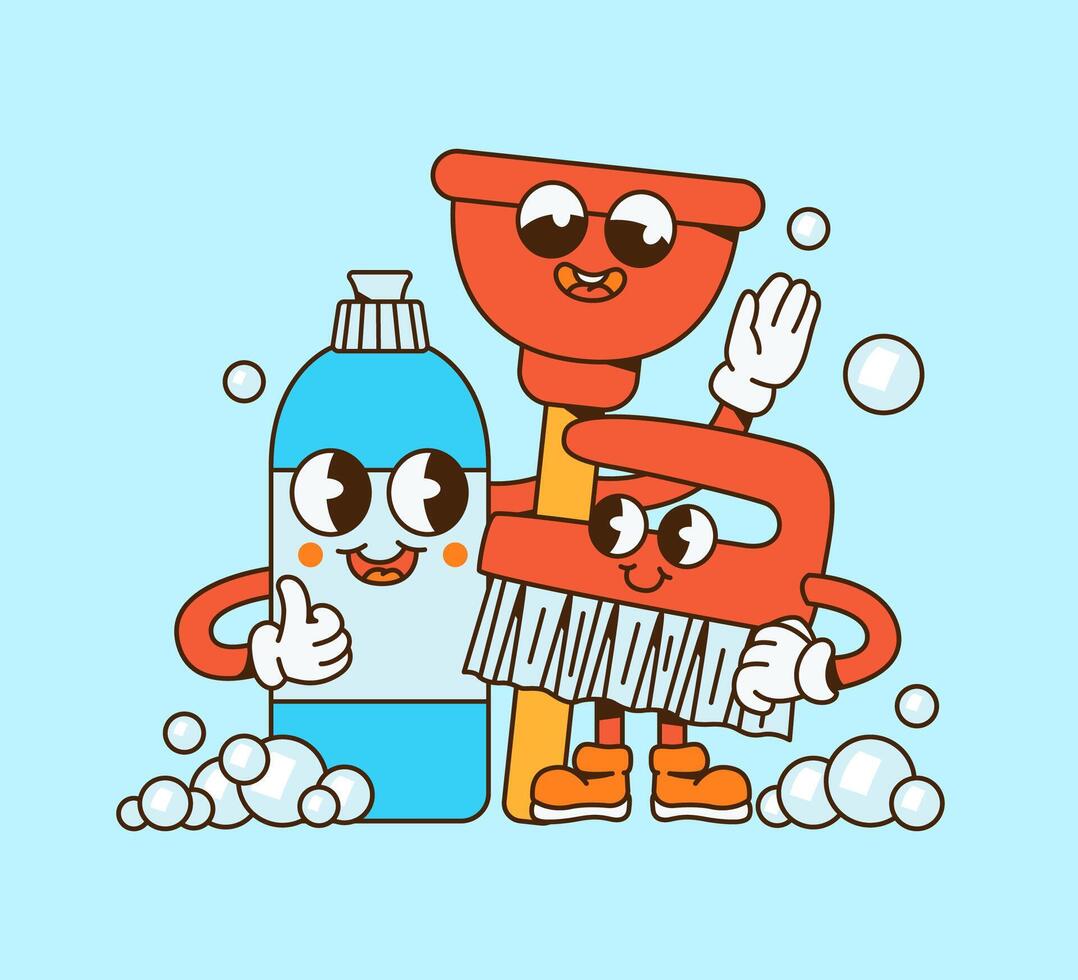 Cartoon Groovy Cleaning Tools Characters vector