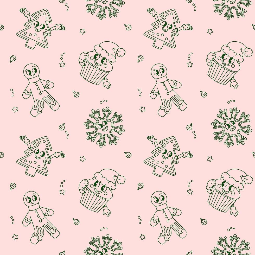 Seamless pattern with Christmas-themed cartoon groovy characters. vector