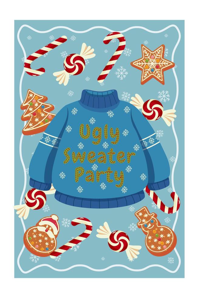 Ugly Sweater Party illustration with Christmas cookies, candy canes, and snowflakes on a blue background. Winter holiday invitation design. vector