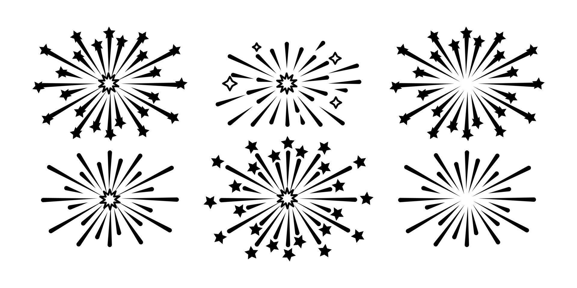 Set of starburst and fireworks icons in various shape. Graphic elements firecrackers on a white background. New Year and celebration concept. Design for greeting cards, invitations, posters, banners. vector